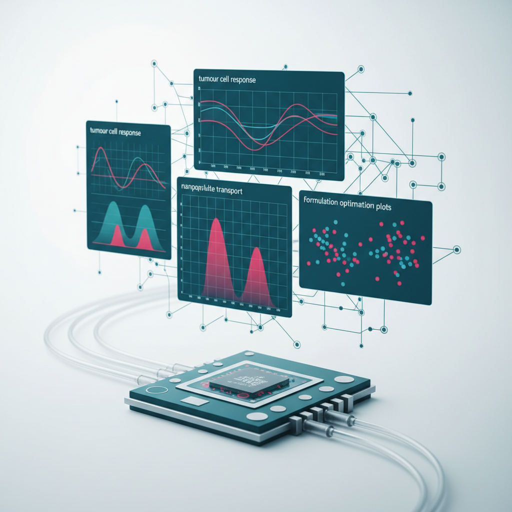 Illustration of an organ-on-chip device linked to AI analytics panels showing response curves and formulation optimisation data