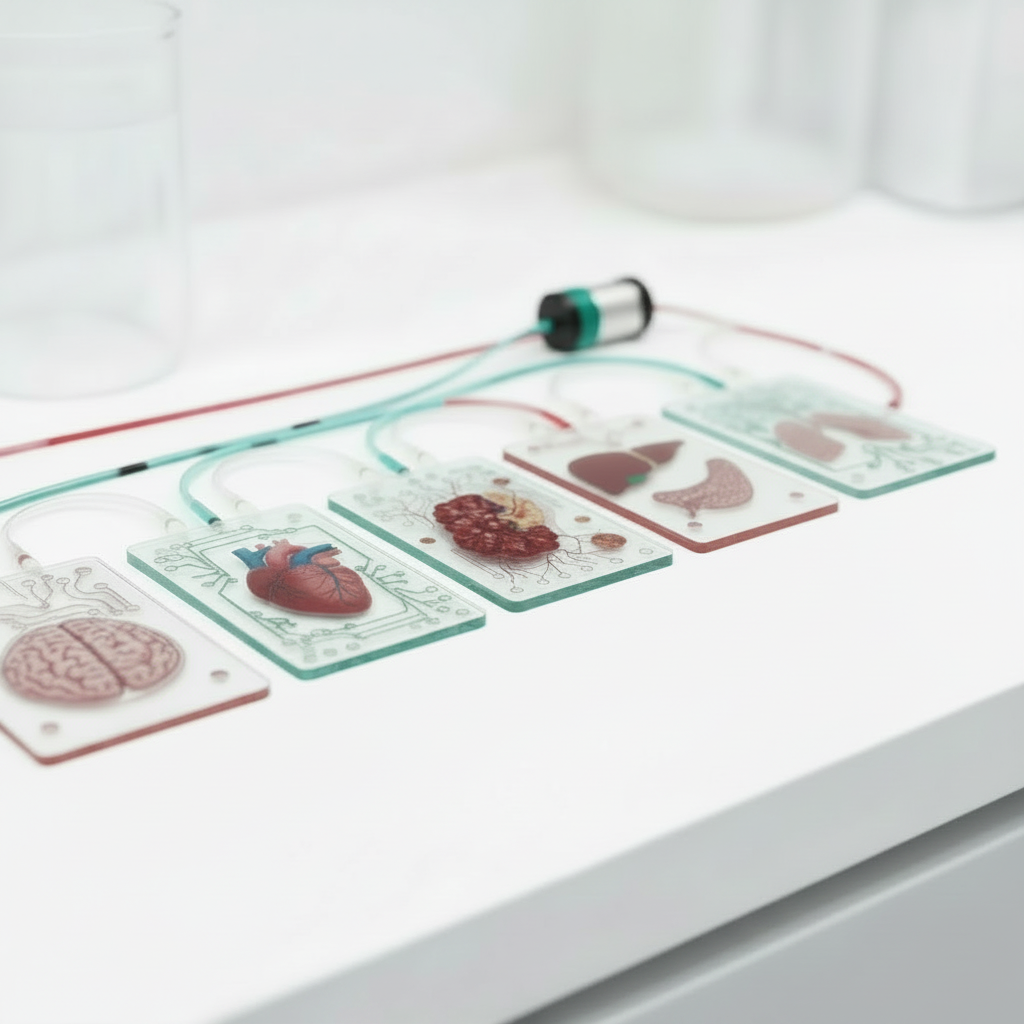 Photograph of several organ-on-chip modules linked by microfluidic tubing, one containing a tumour tissue spheroid, with red and teal fluids circulating between them